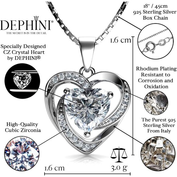 Elegant 925 Sterling Silver Heart Necklace with CZ Crystal - 18" Rhodium Plated - Picture 2 of 6
